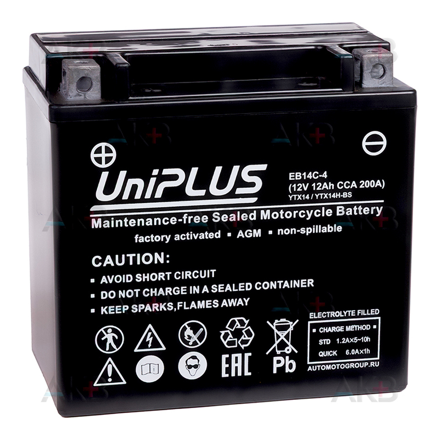 Мото аккумулятор UniPLUS EB14C-4 AGM 12V 12Ah 200А прям. пол.(150x87x145) High Performance