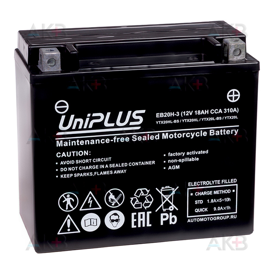 Мото аккумулятор UniPLUS EB20H-3 AGM 12V 18Ah 310А обр.пол. (175x87x155) High Performance