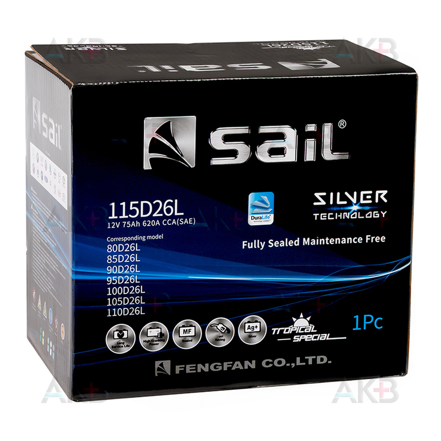 Автомобильный аккумулятор SAIL 115D26L 75 Ач 620A обр. пол. (260x173x225)