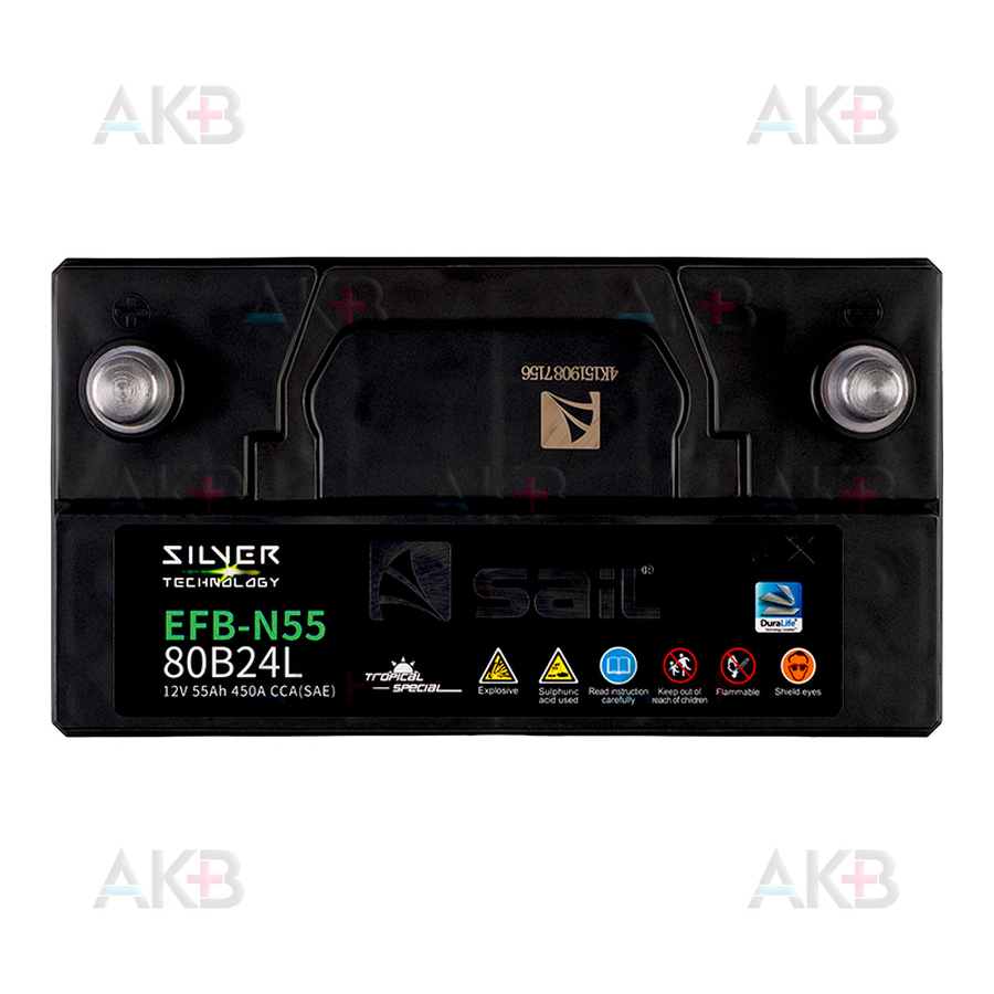 Автомобильный аккумулятор SAIL EFB N55 80В24L 55 Ач 450A обр. пол. (238x129x225) станд. клеммы Start Stop