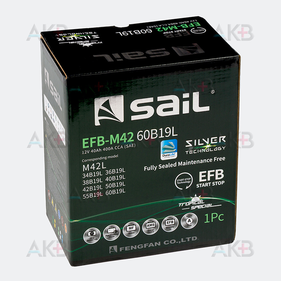 Автомобильный аккумулятор SAIL EFB 60В19L (M42) 40 Ач 400A обр. пол. (187x127x225) станд. клеммы