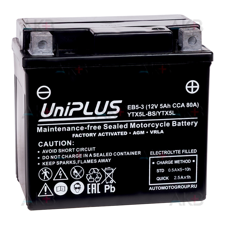 Мото аккумулятор UniPLUS AGM EB5-3 | 5Ah 80А обр. пол. (113x70x105) High Performance