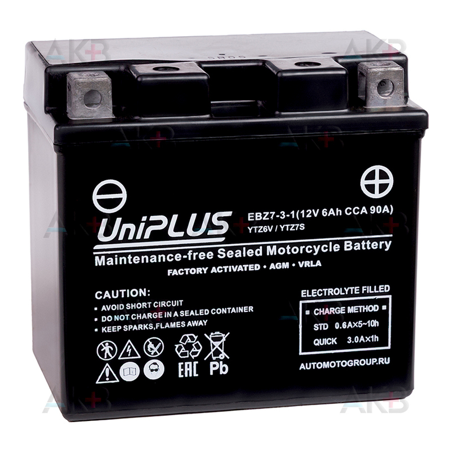 Мото аккумулятор UniPLUS AGM EBZ7-3-1 | 6Ah 90А обр.пол. (113x70x105) High Performance