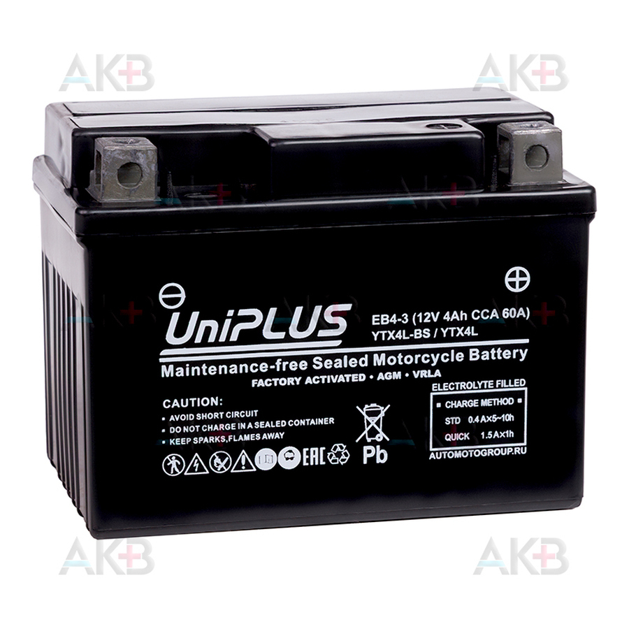 Мото аккумулятор UniPLUS AGM EB4-3 | 4Ah 60А обр. пол. (113x70x85) High Performance