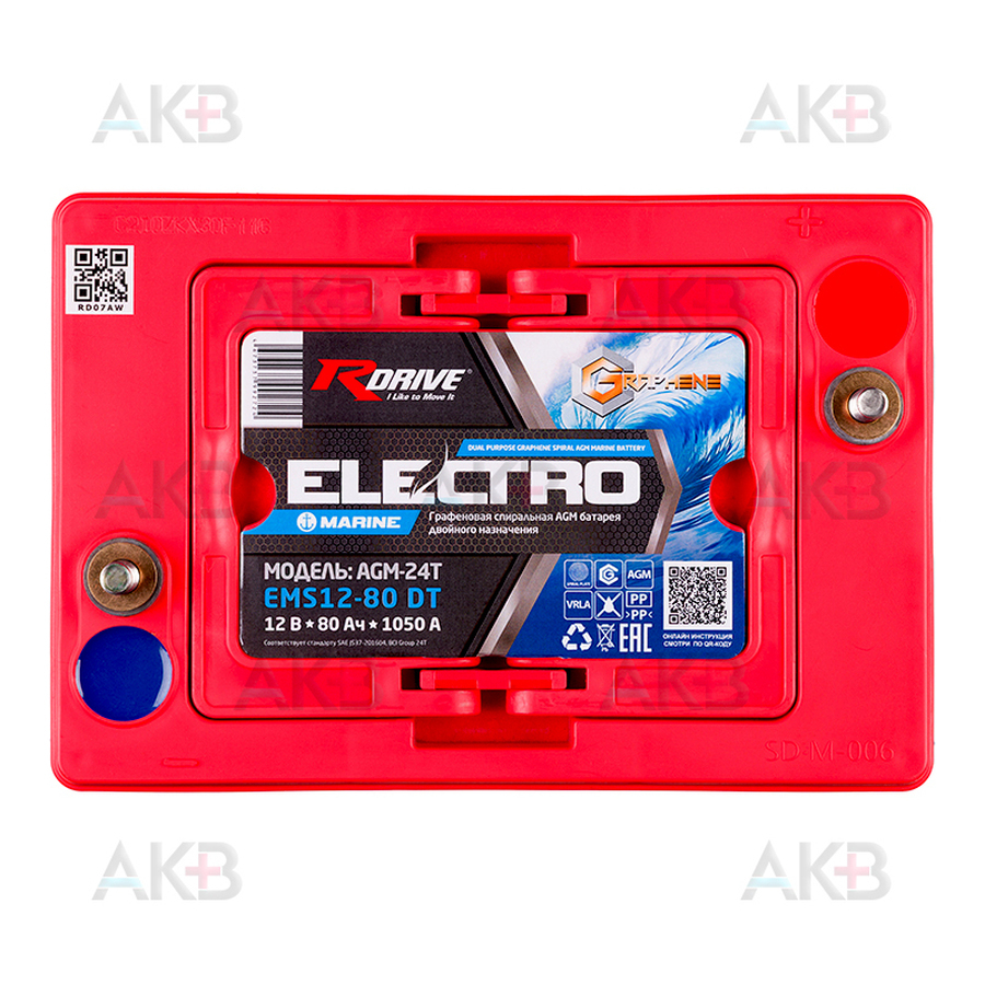 Автомобильный аккумулятор RDrive Electro Marine Spiral AGM-24T 80Ah 1050A (260x179х240) EMS12-80DT