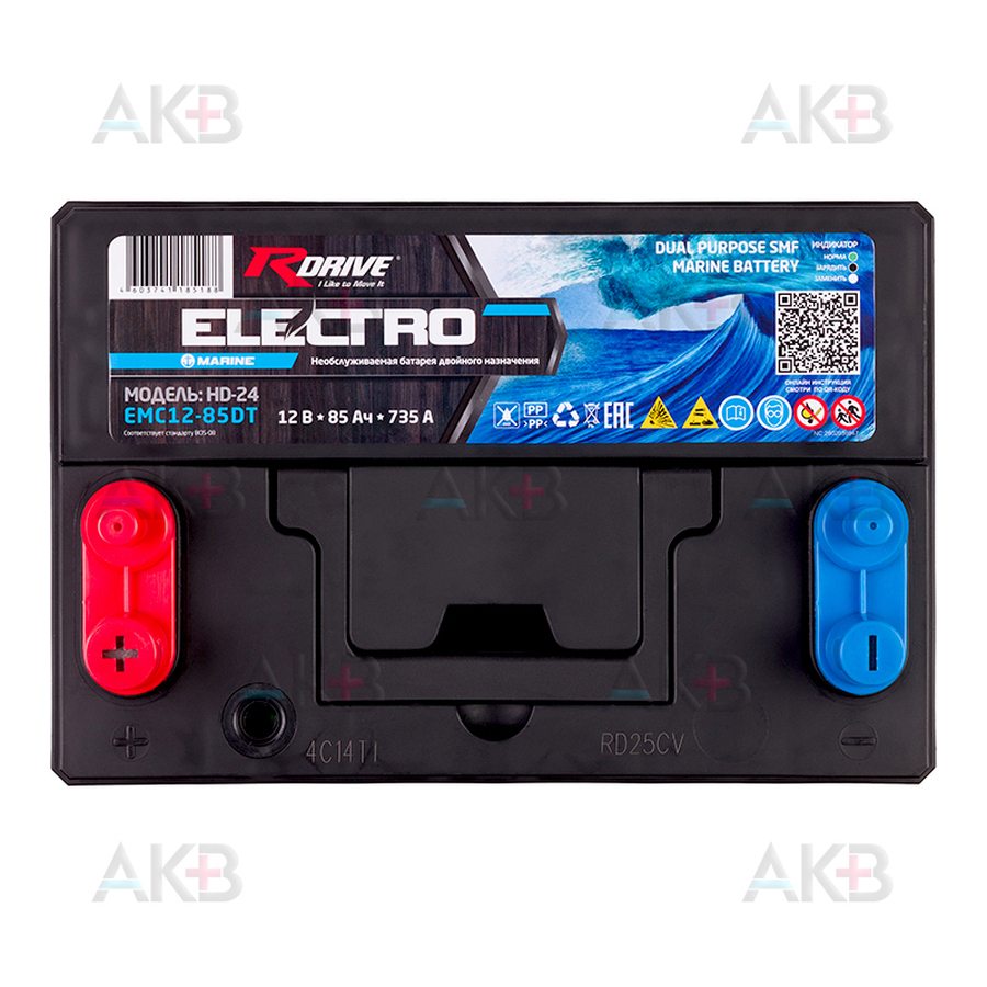 Автомобильный аккумулятор RDrive Electro Marine EMС12-85DT 85Ah 835A (260x173x225) 4 клеммы