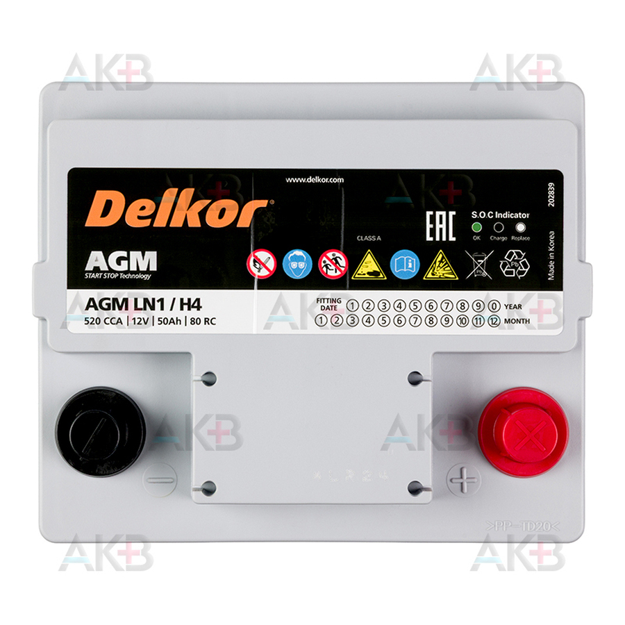 Автомобильный аккумулятор Delkor AGM 50 Ач 520A (207х175х190) LN1