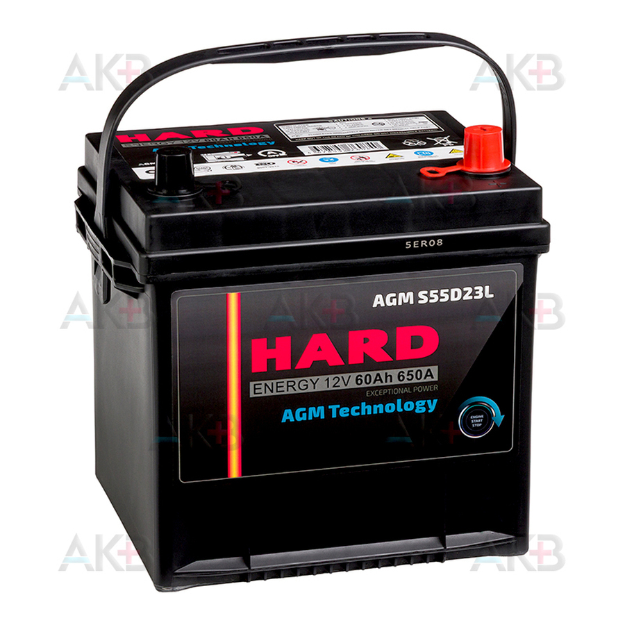 Автомобильный аккумулятор HARD AGM S55D23L 60 Ач 650A обр. пол. (230x170x225) Start Stop