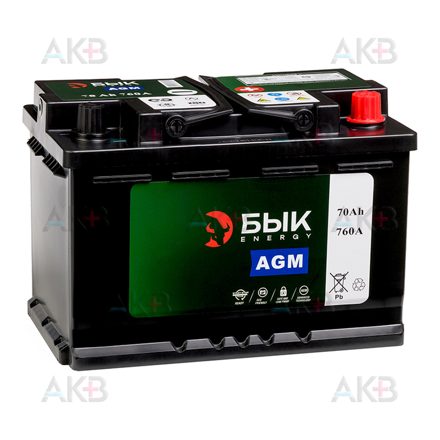 Автомобильный аккумулятор БЫК Energy AGM 70Ah 760A обр. пол. (278x175x190)