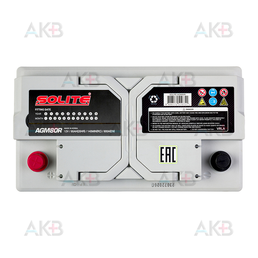 Автомобильный аккумулятор Solite 80Ah 800A (315x175x190) AGM80R прямая полярность