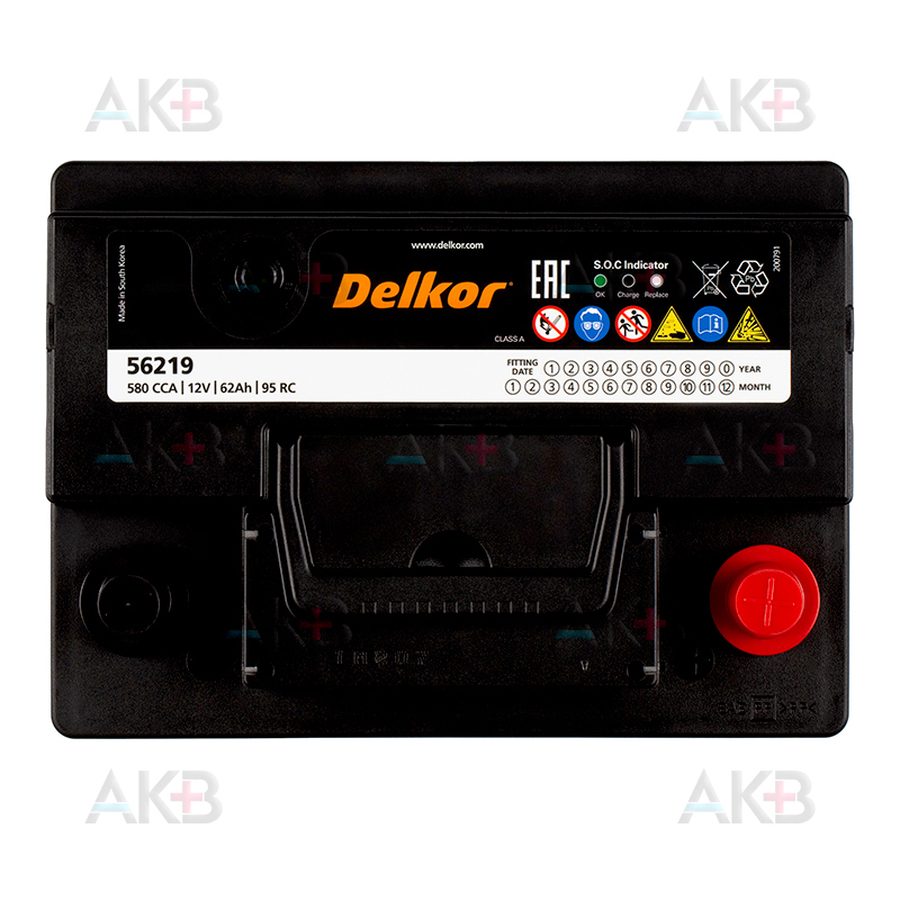 Автомобильный аккумулятор Delkor 56219 (62R 580A 241x174x188)