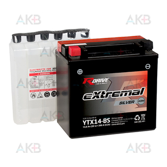 Аккумулятор для скутера RDrive YTX14-BS 12V 12,6Ah 200А прям. пол. AGM сухозаряж. (150x87x145) eXtremal SILVER