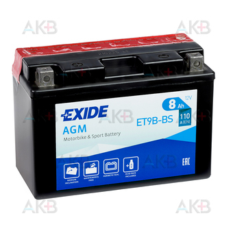 Мото аккумулятор Exide AGM сухозаряж. ET9B-BS 12V 8Ah 110A (150x70x105) прям. пол.