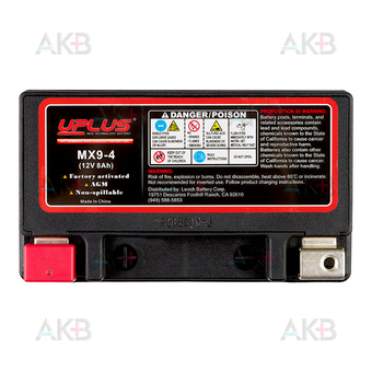 Мото аккумулятор Uplus MX9-4 12V 8Ah 120А прям. пол. (150x87x105) Power Sport. Фото 1