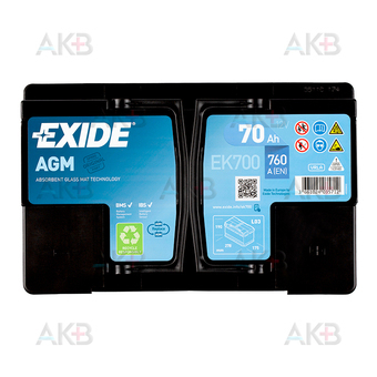 Автомобильный аккумулятор Exide Start-Stop AGM 70R (760А 278x175x190) EK700. Фото 1