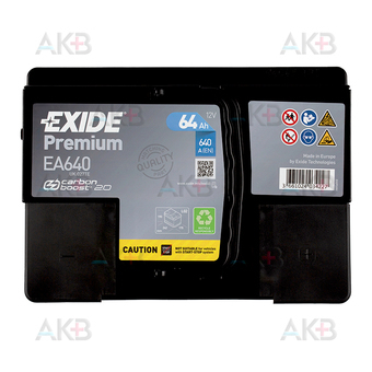 Автомобильный аккумулятор Exide Premium 64R (640А 242х175х190) EA640. Фото 1