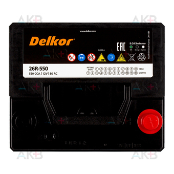 Автомобильный аккумулятор Delkor 26R-550 (60R 550А 206х172х205). Фото 1