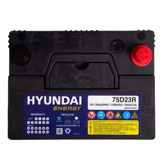 Автомобильный аккумулятор HYUNDAI 75D23R 12V 65Ah 550A (232x173x225) прям. пол.. Фото 2