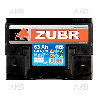 Автомобильный аккумулятор ZUBR EFB 63 Ач 620А (242x175x190) обр. пол.. Фото 1