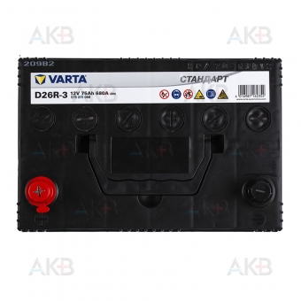 Автомобильный аккумулятор VARTA Стандарт 75 Ач 680А прям. пол. (260x175x224) 6СТ-75.1 D26R-3. Фото 1