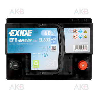 Автомобильный аккумулятор Exide Start-Stop EFB 60 Ah (600А 242x175x190) EL600. Фото 1