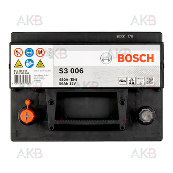 Автомобильный аккумулятор Bosch S3 006 56L 480A 242x175x190. Фото 1