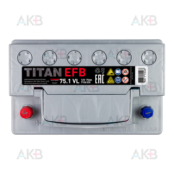 Автомобильный аккумулятор Titan EFB 75 Ач 710A прям. пол. (278x175x190) 6СТ-75.1 VL. Фото 1