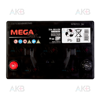 Автомобильный аккумулятор MEGA START 80D26R 70Ah 600A прям. пол. (261x175x225). Фото 1
