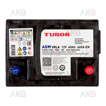 Автомобильный аккумулятор TUBOR AGM 60Ah 660A (242x175x190) 6СТ-60.0 VRLA. Фото 1