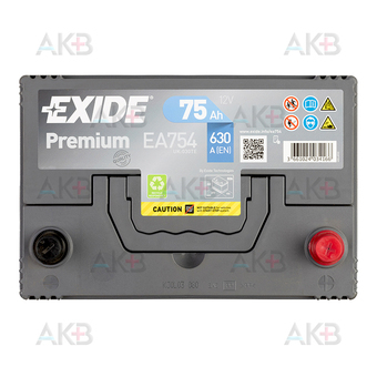 Автомобильный аккумулятор Exide Premium 75R (630А 261x173x225) EA754. Фото 1