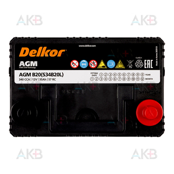 Автомобильный аккумулятор Аккумулятор Delkor AGM S34B20L 35 Ач 340A (189x129x225) обр. пол.. Фото 1