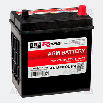 RDrive OEM AGM-B20L (S) 40 Ач 330A обр. пол. (189x129x225) S34B20L 28800-21050